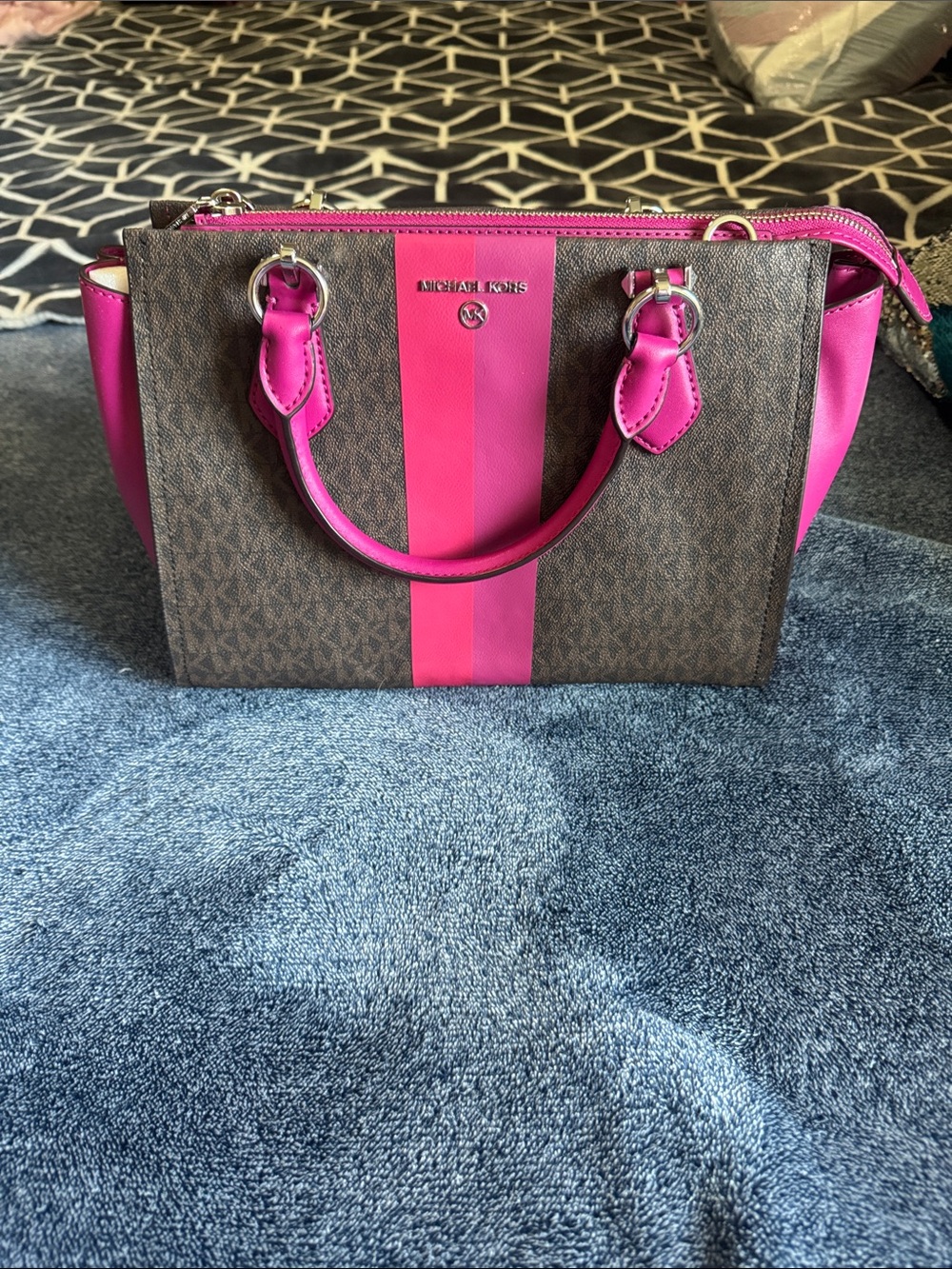 Michael Kors Brown & Hot Pink Signature Stripe Satchel